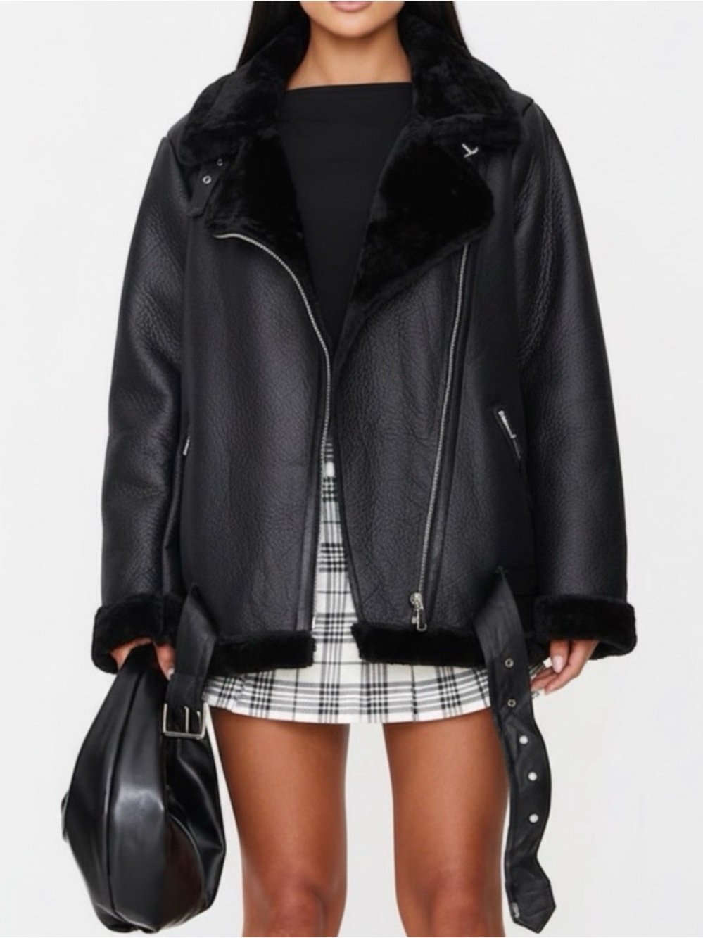 PrettyLittleThing Black Oversized Leather Faux-Shearling Biker Jacket